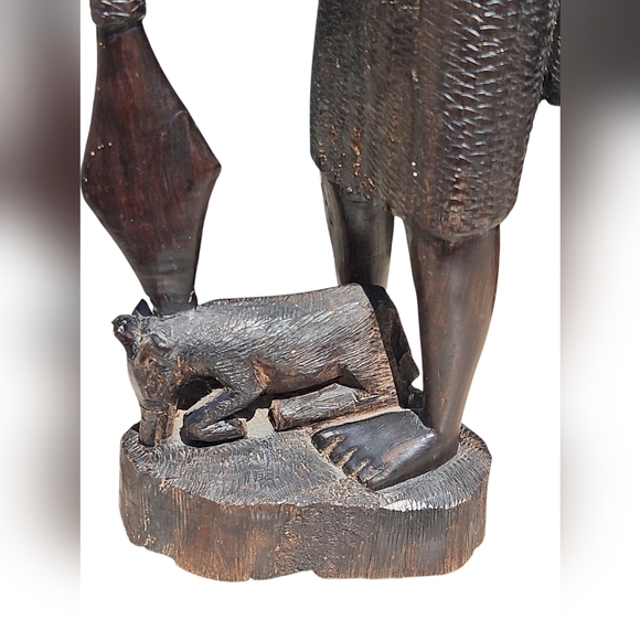 African Wooden Tribal Man Sculpture Figurine With Spear & Boar 15"x4.5"x4" - Picture 4 of 6